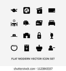 Modern, simple vector icon set with hat, school, note, web, music, sound, ball, blank, smart, play, sheriff, watch, drink, account, education, time, cocktail, dessert, delete, food, space, toy icons