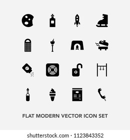 Modern, simple vector icon set with rocket, grater, doughnut, menu, health, communication, powder, tool, drink, dessert, baby, cream, sweet, phone, fan, cake, exercise, technology, equipment icons