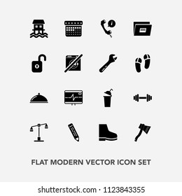 Modern, simple vector icon set with day, boat, beverage, tool, slipper, file, restaurant, houseboat, equipment, judge, headset, pen, health, timetable, cup, spanner, pencil, heart, calendar, law icons