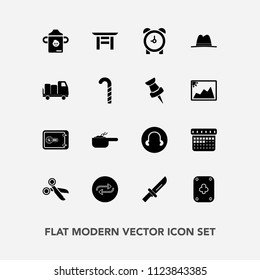Modern, simple vector icon set with alarm, change, dinner, cutlery, replacement, dish, day, money, substitute, japan, watch, truck, hat, safe, tool, meal, fork, nutrition, pot, plastic, milk icons
