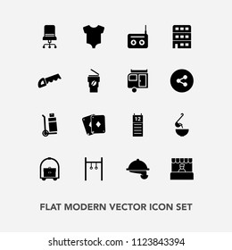 Modern, simple vector icon set with kid, hotel, child, calendar, service, waitress, grocery, delivery, radio, room, armchair, game, exercise, soup, spoon, truck, clothing, athlete, vacation icons