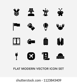 Modern, simple vector icon set with sign, care, bucket, file, sun, office, white, airplane, cabinet, light, photography, winner, alcohol, interior, camera, butterfly, travel, furniture, document icons