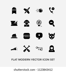 Modern, simple vector icon set with ball, girl, mail, food, envelope, fashion, cheeseburger, alien, paddle, craft, burger, fiction, shine, lady, flashlight, rocket, hat, face, sandwich, boat icons