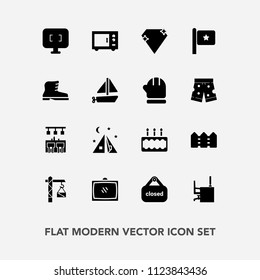 Modern, simple vector icon set with nation, saw, room, home, tv, work, construction, diamond, tent, camp, entertainment, flag, monitor, cake, outdoor, technology, store, bar, travel, national icons