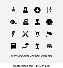 Modern, simple vector icon set with bulb, education, traffic, library, transport, summer, beach, van, glass, light, sunbed, audio, transportation, mic, train, street, umbrella, music, paddle icons