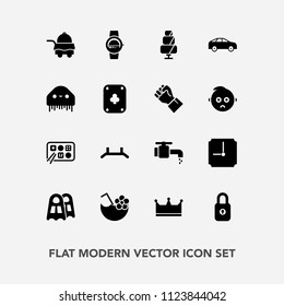 Modern, simple vector icon set with tap, dessert, bed, lock, cake, left, space, bathroom, bus, up, service, move, water, alien, clock, ufo, time, faucet, doughnut, sport, room, restaurant, king icons