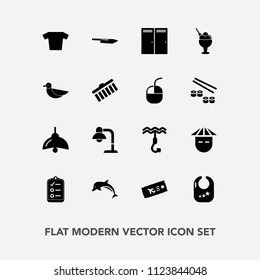 Modern, simple vector icon set with electricity, baby, nature, dolphin, mark, list, clothes, flight, decoration, sweet, chinese, shirt, kitchen, infant, door, hook, asian, entrance, plane, ocean icons