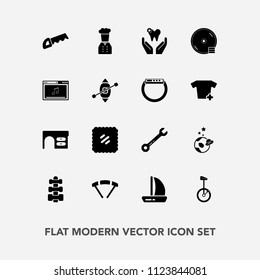 Modern, simple vector icon set with business, space, post, wrench, boat, saw, parachute, dvd, fitness, letter, restaurant, extreme, tool, cd, spaceship, construction, hammer, disk, desk, office icons
