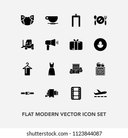 Modern, simple vector icon set with drink, travel, fork, fashion, care, movie, cup, baby, hanger, scan, delivery, film, entertainment, spoon, cappuccino, cafe, kitchen, estate, building, video icons