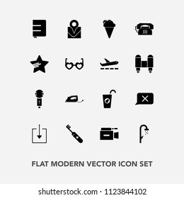 Modern, simple vector icon set with hygiene, closed, camera, fruit, clean, map, chat, work, star, dessert, phone, download, iron, notebook, book, healthy, microphone, juice, karaoke, care, sign icons