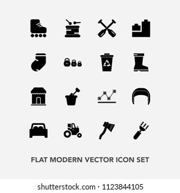 Modern, simple vector icon set with agricultural, fun, music, water, car, agriculture, summer, stats, skate, spoon, sound, graph, shop, belt, oar, worker, drum, paddle, knife, fork, tool, sport icons