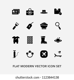 Modern, simple vector icon set with rattle, cowboy, pump, bar, care, food, earth, sunny, toy, document, fashion, chocolate, sign, child, clothing, globe, footwear, leather, travel, shirt, chart icons