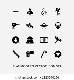 Modern, simple vector icon set with science, technology, hat, headwear, spaceship, paint, fashion, equipment, flower, account, photography, wrench, cutter, hammer, drill, work, avatar, shirt icons