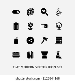 Modern, simple vector icon set with bin, space, female, floral, clothing, home, exploration, recycling, science, axe, suit, sign, spring, percussion, fashion, table, spaceship, media, restaurant icons
