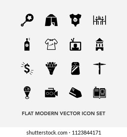 Modern, simple vector icon set with baby, food, usd, child, outdoor, pink, clothes, film, kid, video, toy, map, salt, spice, equipment, clothing, hammer, sign, seasoning, library, rattle, coffee icons