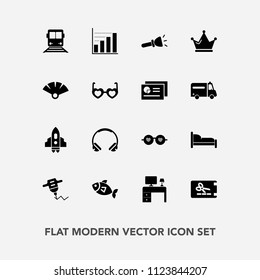 Modern, simple vector icon set with travel, coupon, work, seafood, sunglasses, white, modern, fashion, template, light, music, table, hand, fish, equipment, shine, train, electric, sound, rocket icons