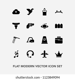 Modern, simple vector icon set with up, sound, plane, cloud, king, decoration, fire, equipment, sign, audio, cleaner, housework, music, bag, musical, wax, shower, domestic, travel, origami, art icons