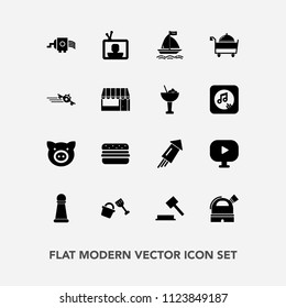 Modern, simple vector icon set with celebration, flight, king, service, plane, justice, kitchen, departure, observatory, cooking, board, pig, pork, shovel, piglet, food, airplane, chess, media icons