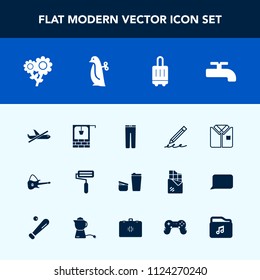 Modern, simple vector icon set with hand, music, education, stone, guitar, baggage, flower, write, fashion, musical, airplane, roller, bucket, floral, roll, water, tshirt, bag, plane, pen, white icons