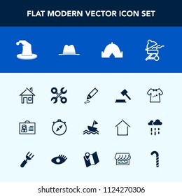 Modern, simple vector icon set with repair, industrial, yacht, baby, cooking, meat, home, pen, sailboat, sail, service, female, compass, east, clothing, bbq, travel, clothes, hat, judge, house icons
