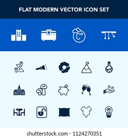 Modern, simple vector icon set with nature, light, coin, doughnut, road, shine, mushroom, dessert, bank, flashlight, map, white, sky, religion, finance, navigation, mountain, route, investment icons
