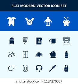 Modern, simple vector icon set with letter, ufo, cupboard, business, robot, beauty, kid, paintbrush, clothes, phone, space, envelope, cabinet, equipment, food, baby, ship, book, furniture, mail icons