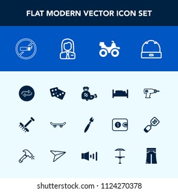Modern, simple vector icon set with machine, double, paint, dice, hat, skate, no, work, equipment, hand, bike, rake, bedroom, head, change, casino, sign, skater, tobacco, drill, road, garden icons