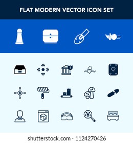 Modern, simple vector icon set with money, shovel, play, construction, business, finance, bag, luggage, folder, button, document, web, surfer, pin, bedroom, surfing, paint, technology, piece icons