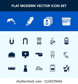 Modern, simple vector icon set with calendar, sign, service, spaceship, office, timetable, sticky, mobile, clock, holiday, phone, food, science, day, card, ocean, business, communication, hour icons