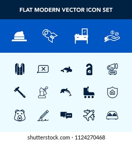 Modern, simple vector icon set with dolphin, hammer, retro, jacket, hat, business, seafood, space, coat, satellite, food, white, vintage, style, ocean, gramophone, chat, record, clothing, music icons