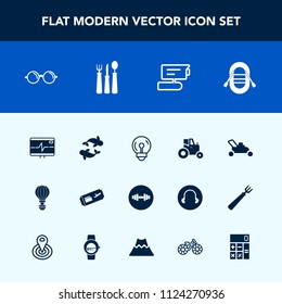 Modern, simple vector icon set with agricultural, tractor, pulse, energy, heart, health, grass, sailboat, view, video, eye, parachute, gardening, garden, ship, white, travel, bulb, agriculture icons