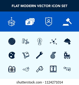 Modern, simple vector icon set with salon, food, sweet, molecule, hair, auto, tire, bag, law, spanner, travel, wrench, cardboard, car, fashion, atom, restaurant, box, wheel, technology, justice icons
