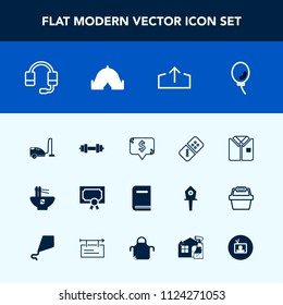 Modern, simple vector icon set with square, education, domestic, vacuum, game, camp, shirt, equipment, television, call, bowl, gym, headset, travel, domino, upload, celebration, play, frame, web icons