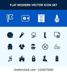 Modern, simple vector icon set with technology, saw, vegetable, purse, furniture, work, real, flag, fashion, estate, award, bathrobe, cd, food, vehicle, money, certificate, healthy, internet icons
