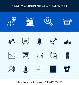 Modern, simple vector icon set with business, baby, pen, sign, chart, alarm, bell, clothes, autumn, account, check, bucket, garden, musical, drum, travel, template, photography, meat, computer icons