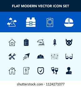 Modern, simple vector icon set with launch, blue, alien, tool, monster, ufo, work, paper, building, home, fly, fiction, architecture, animal, equipment, wrench, hat, checklist, dolphin, boat icons