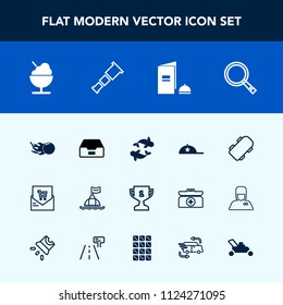 Modern, simple vector icon set with food, sign, skate, water, bill, business, fashion, paper, comet, data, brochure, board, search, night, award, document, headwear, hat, achievement, sky, first icons