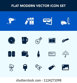 Modern, simple vector icon set with food, photo, summer, disk, fresh, disc, instrument, tea, folk, vegetable, snorkel, cup, hairdryer, online, document, drink, string, raw, equipment, vacuum, cd icons