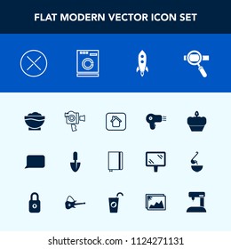 Modern, simple vector icon set with building, sew, rocket, laundry, bubble, sewing, hairdryer, appliance, camera, book, video, food, equipment, laptop, home, cake, fashion, washer, page, picture icons