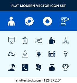 Modern, simple vector icon set with food, medieval, work, sweet, cup, castle, hot, tower, male, dessert, sea, drink, ship, water, prize, step, machine, business, architecture, sign, doughnut, up icons