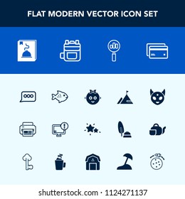 Modern, simple vector icon set with sea, chat, menu, internet, printer, find, sign, monster, childhood, fiction, monitor, card, backpack, fish, element, rucksack, ufo, message, star, bag, kid icons