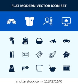 Modern, simple vector icon set with left, rucksack, highway, bus, fashion, toothbrush, video, fish, object, movie, business, backpack, move, toothpaste, bank, hygiene, dental, cloud, bag, white icons