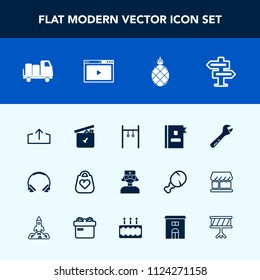 Modern, simple vector icon set with room, style, wrench, hammer, play, leather, upload, medical, bag, delivery, hanger, bear, pineapple, fresh, object, modern, tropical, telephone, audio, book icons