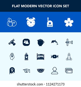 Modern, simple vector icon set with builder, animal, clean, group, concept, cherry, sport, idea, social, ball, spring, game, drink, hygiene, airplane, nature, people, wildlife, blossom, aircraft icons