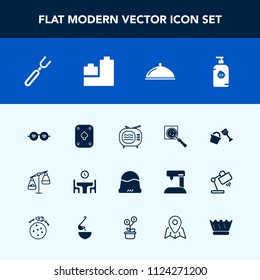 Modern, simple vector icon set with fork, television, search, happy, glasses, restaurant, balance, family, food, knife, bear, hippie, home, headwear, video, scale, find, tv, ball, play, soap icons