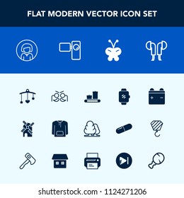 Modern, simple vector icon set with technology, mobile, tree, holiday, luggage, woman, baby, wind, power, tripod, party, beauty, energy, environment, nature, girl, face, battery, carnival, watch icons