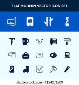 Modern, simple vector icon set with bamboo, jazz, asian, saw, work, snorkel, shop, musical, drink, plant, roll, hammer, phone, message, home, cup, business, room, sea, brush, roller, bubble, tea icons