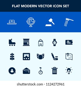 Modern, simple vector icon set with radio, fun, head, gadget, diaper, wireless, price, antenna, equipment, fitness, gym, time, law, globe, curtain, justice, shower, window, interior, sport, care icons