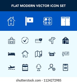 Modern, simple vector icon set with forest, medieval, cook, way, delete, arrow, gas, business, check, kitchen, flag, stove, america, estate, hotel, box, money, map, travel, direction, sign, bank icons