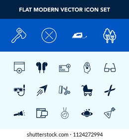 Modern, simple vector icon set with landscape, idea, hammer, money, axe, mask, fly, work, finance, fashion, audio, summer, concept, sign, iron, hairdresser, music, business, string, page, tree icons